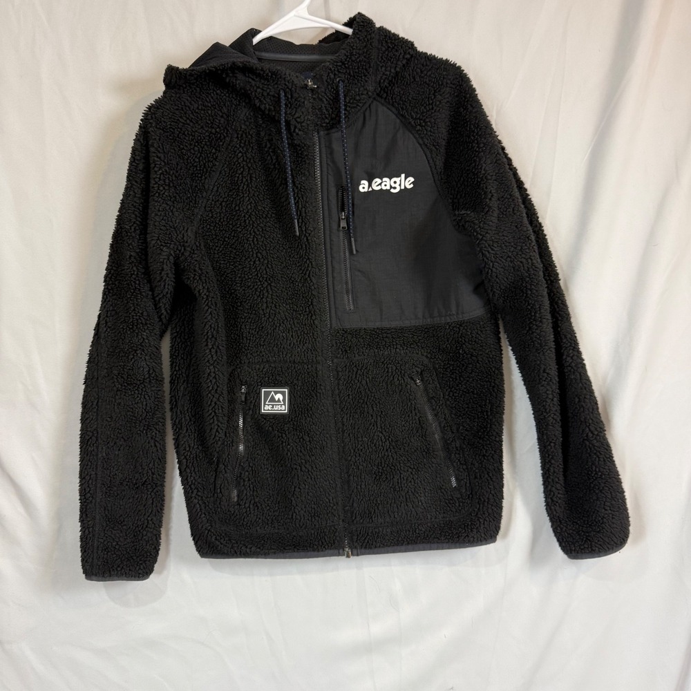American Eagle Sherpa Fleece Zip Hoodie Jacket Black Men's XS Soft Cozy